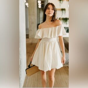 Alina Oatmeal Off- The-Shoulder Bubble Mini Dress